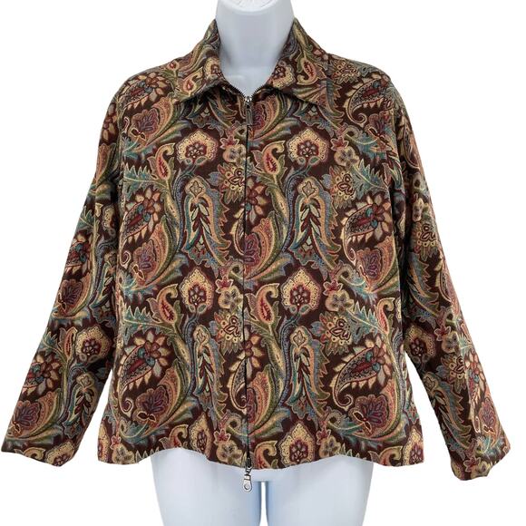 Coldwater Creek Brown Cream Maroon Aqua Paisley Tapestry Zip Up Jacket PS - Picture 1 of 7